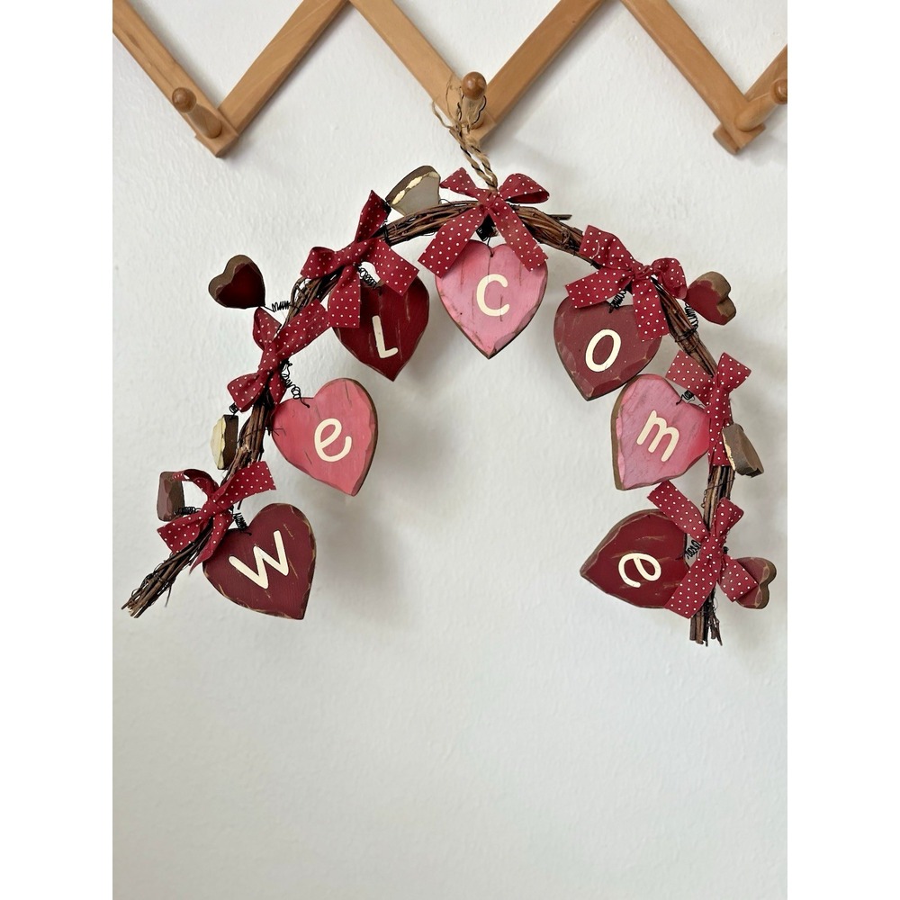 Vtg Hand Painted Heart wood hanging door decor WELCOME 80s 90s cottage valentine